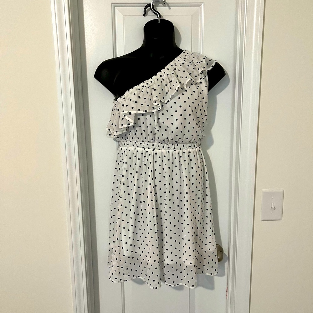 Perfectly Priscilla One Shoulder Ruffle and Polka Dot Dress size L